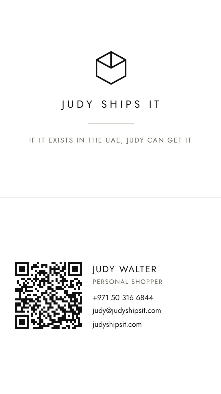Judy Ships It contact card with QR code, UAE phone number, email and website