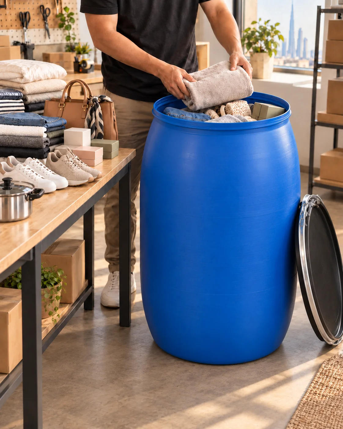 Full tapered 220-litre blue HDPE shipping barrel with dark lid and locking ring being packed beside a table of household purchases