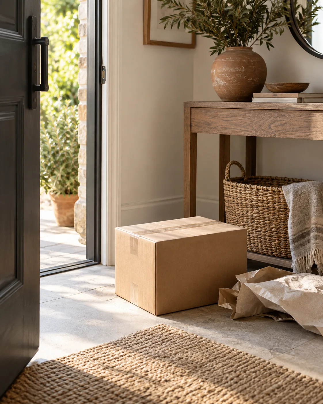 Illustrative delivered parcel inside a home entryway
