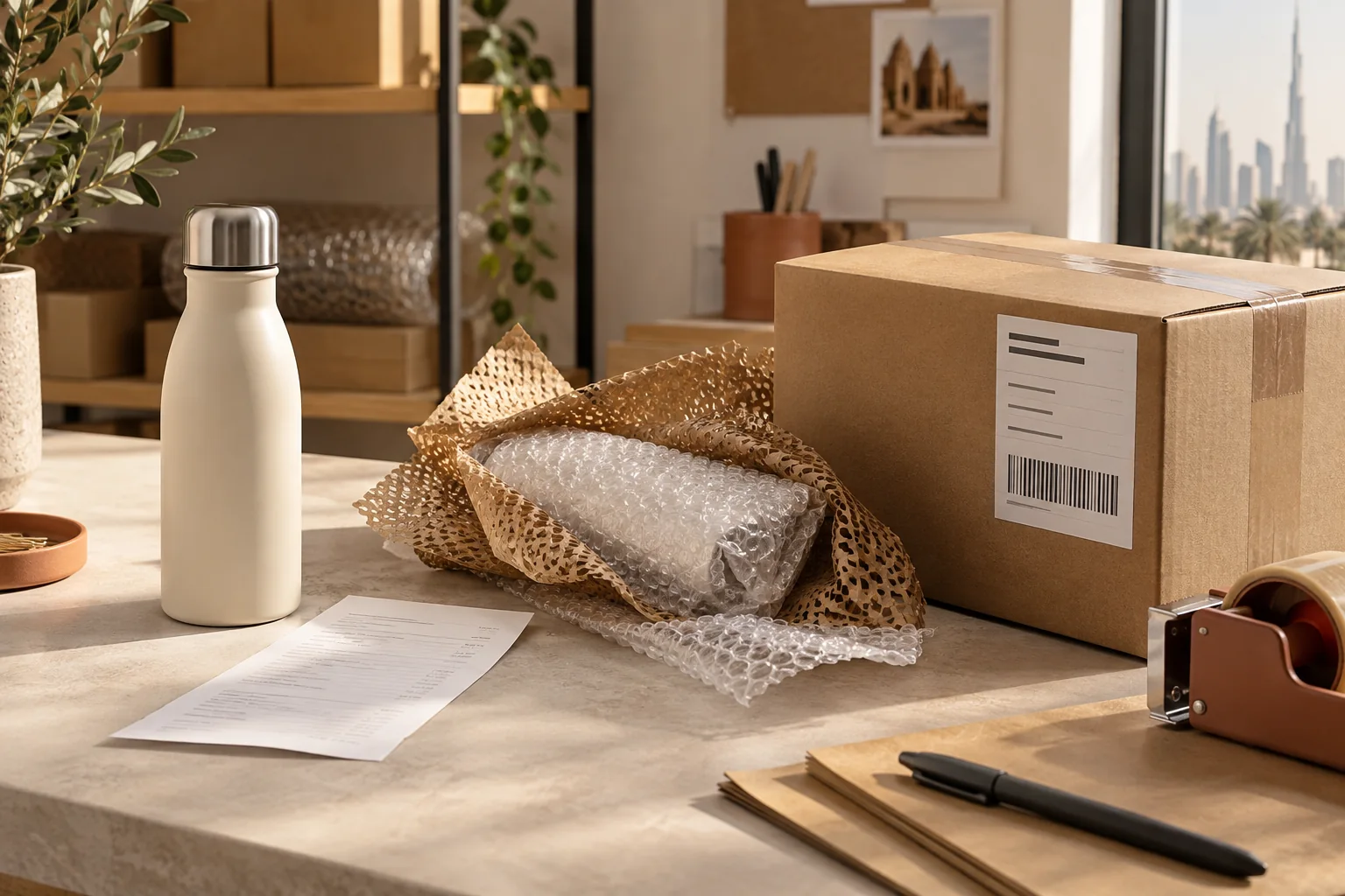 Illustrative packing table with an item, receipt, protective wrapping and sealed shipping carton
