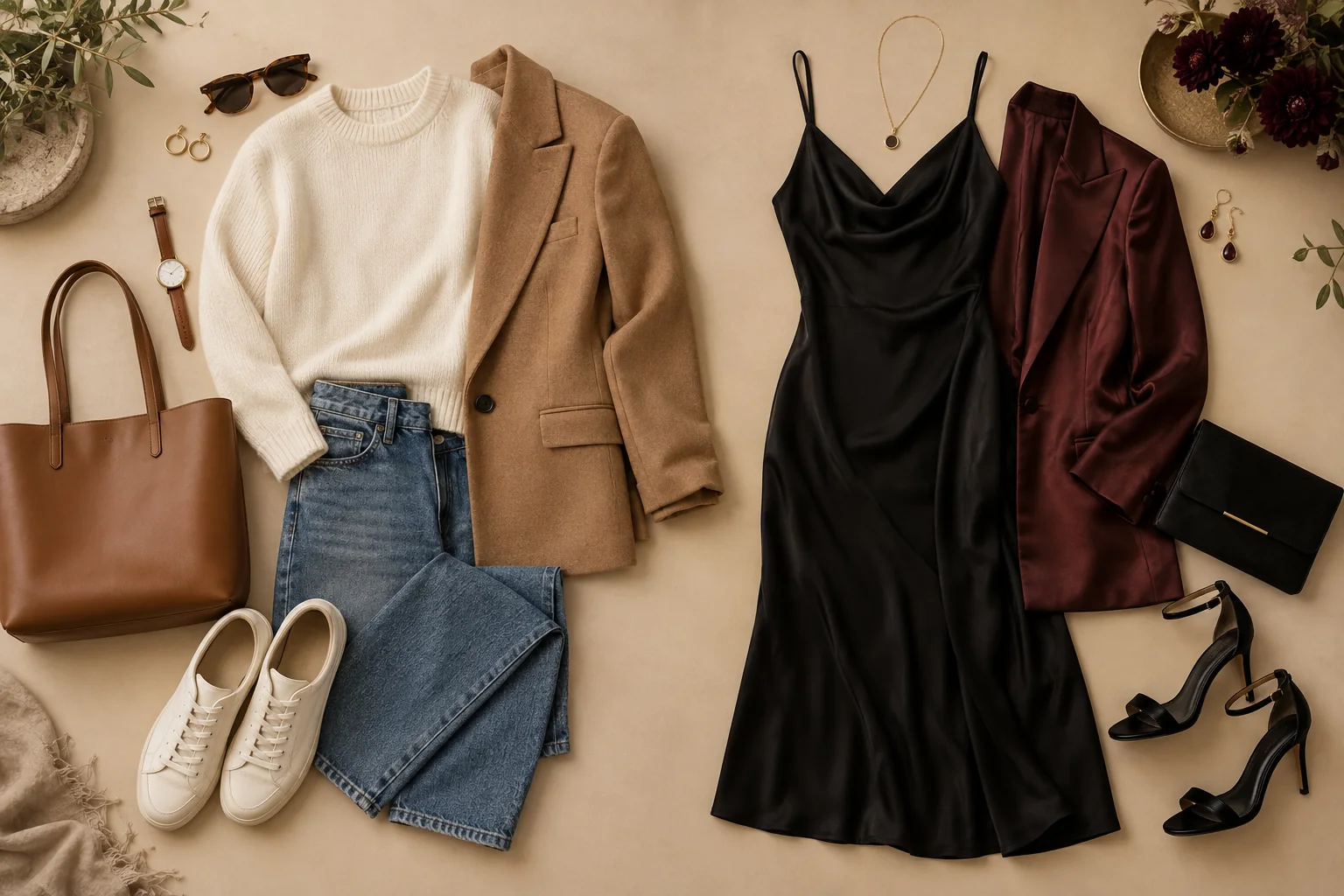 Smart-casual and evening outfit directions arranged side by side